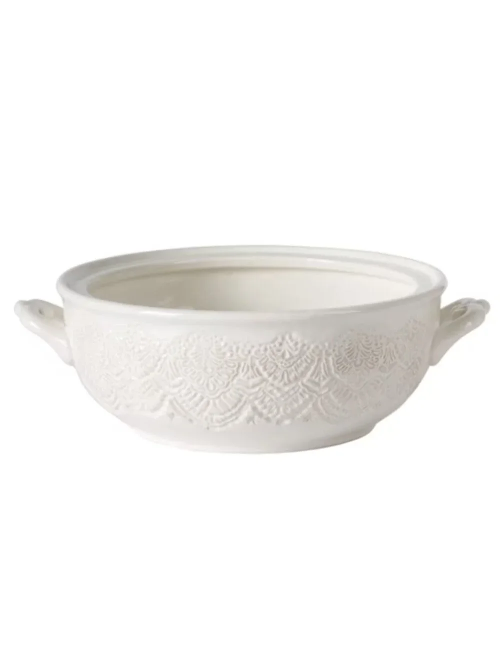The Woman Pioneer Home Off-White Intricate Vintage Lace Linen Stoneware Tureen